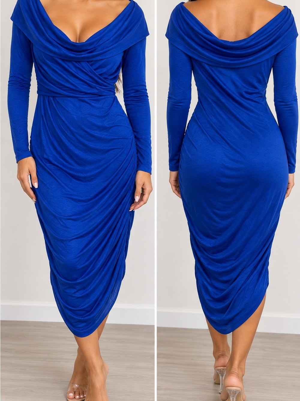 Diane von Furstenberg DVF Cobalt Blue Draped Ruched Midi Dress Size 14
